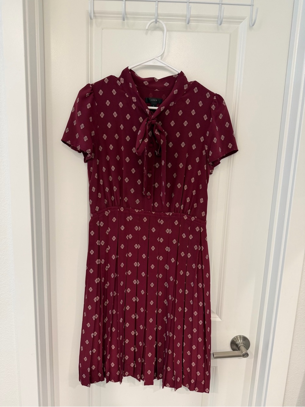 J. Crew Wine Red Tie-Neck Pleated Mini Dress